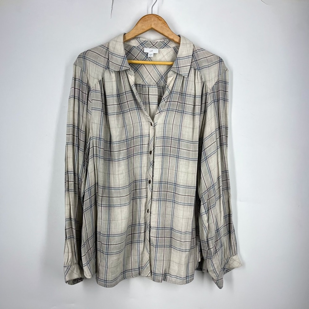 J. Jill Womens 3X Plaid Button Down Shirt Cream Grey Blue Long Sleeve Relaxed